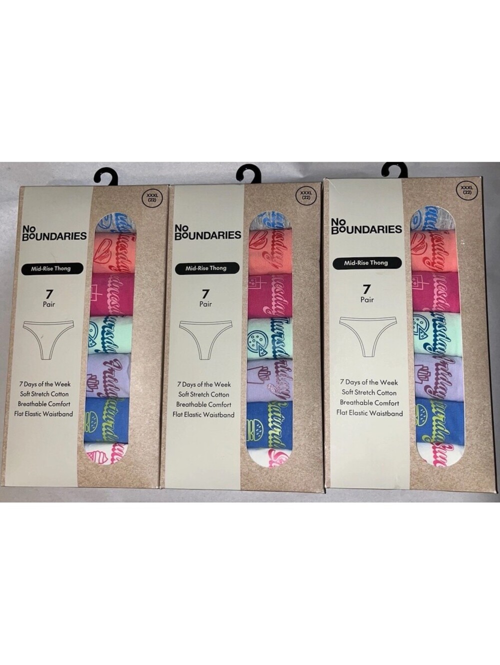 (3) No Boundaries L Mid-Rise Thong Panties 7 Days of the Week Pack  XXXL 22 New
